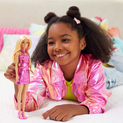 Barbie Fashionistas Doll #230 in Metallic Pink Minidress with Heart Cut-Out, Blond Hair