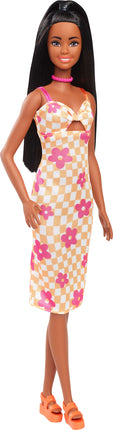 Barbie Fashionistas Doll #233 in Checkered Flower Midi Dress, Black Hair