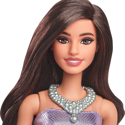 Barbie Fashionistas Doll #234 in Sequined Purple Dress and Silvery Accessories, Brown Hair