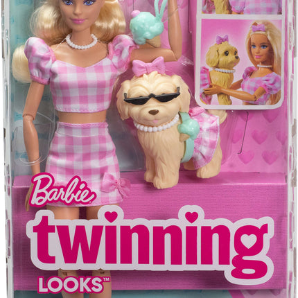 Barbie Twinning Looks Fashion Doll with Pet Dog, Matching Pink Clothes & Accessories, Blonde