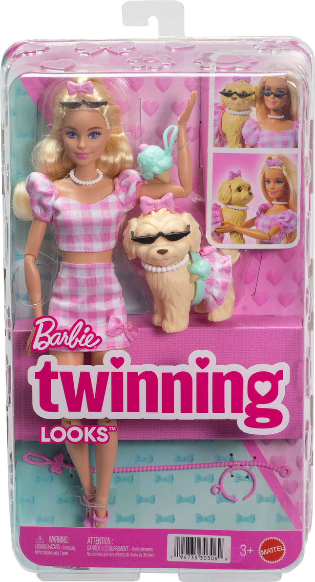 Barbie Twinning Looks Fashion Doll with Pet Dog, Matching Pink Clothes & Accessories, Blonde