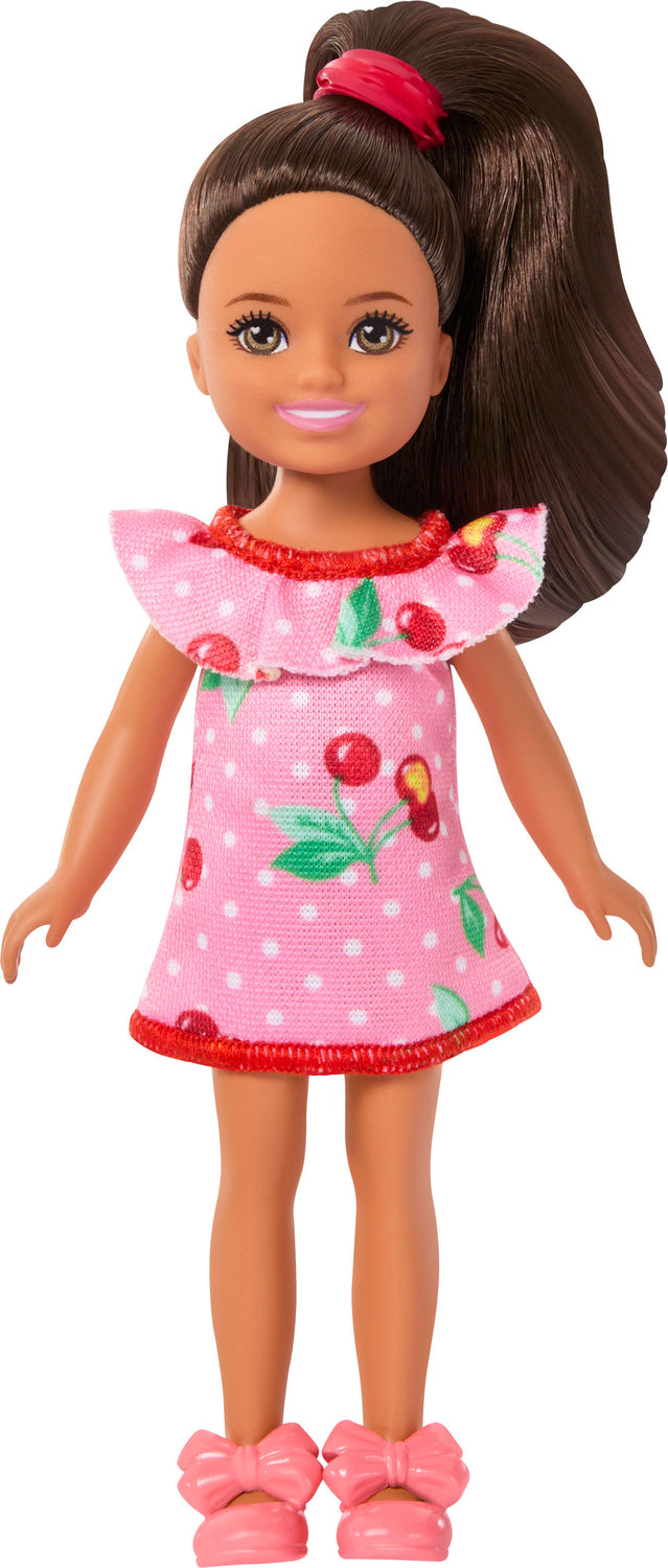 Barbie Chelsea Club Lula Small Doll, 6-Inch with Brunette Hair in Cherry-Print Dress & Sandals